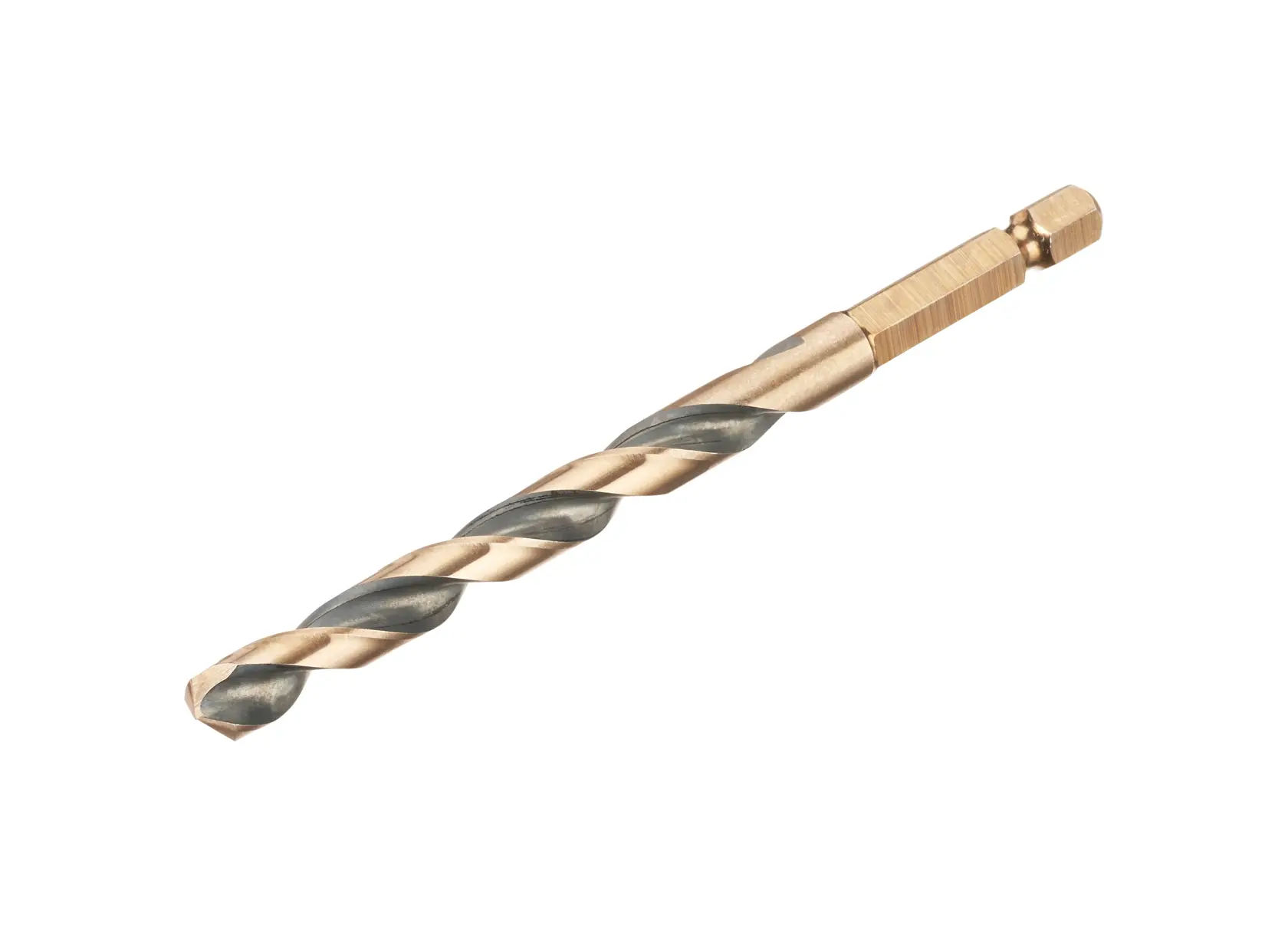 Single metal drill bit with hex shank isolated on white background.