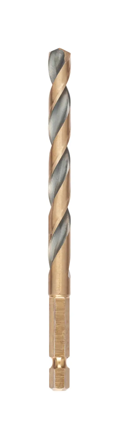 DEWALT DT20612 hex shank drill bit with gold and silver spiral design, shown on a white background.
