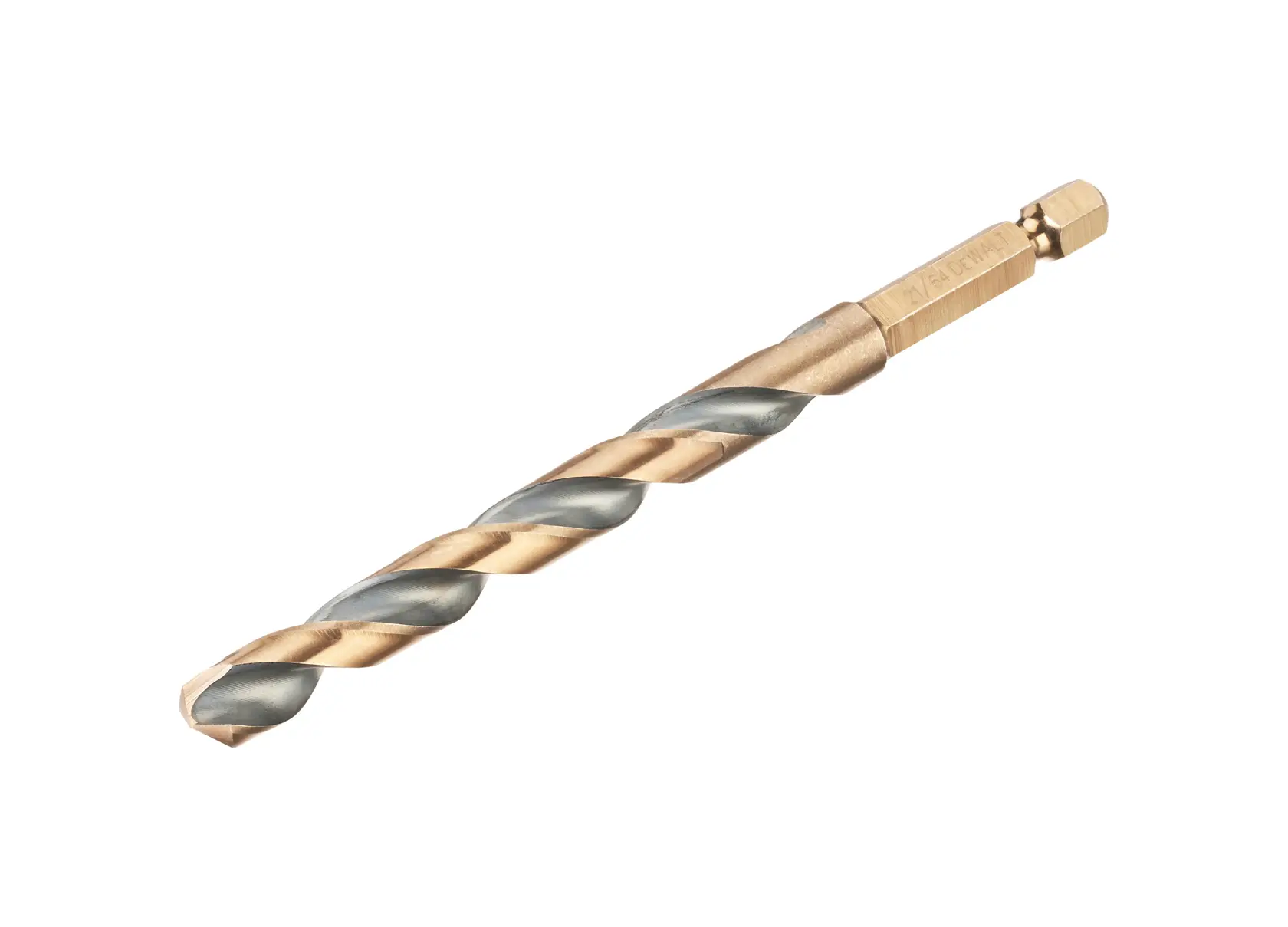 A DEWALT metal drill bit with hex shank, shown against a white background.
