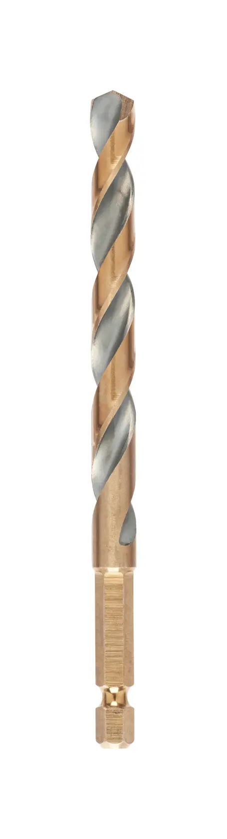 A DEWALT hex shank drill bit with gold and silver spiral design, suitable for metal and wood drilling.