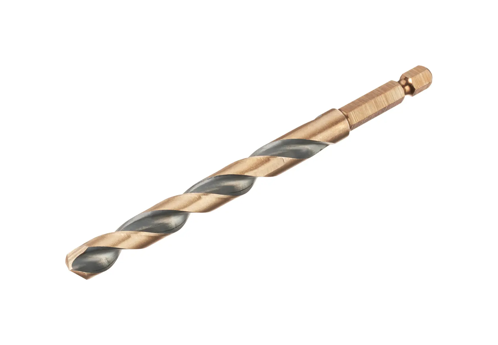 Close-up of a DEWALT metal drill bit with a hex shank, shown against a white background.