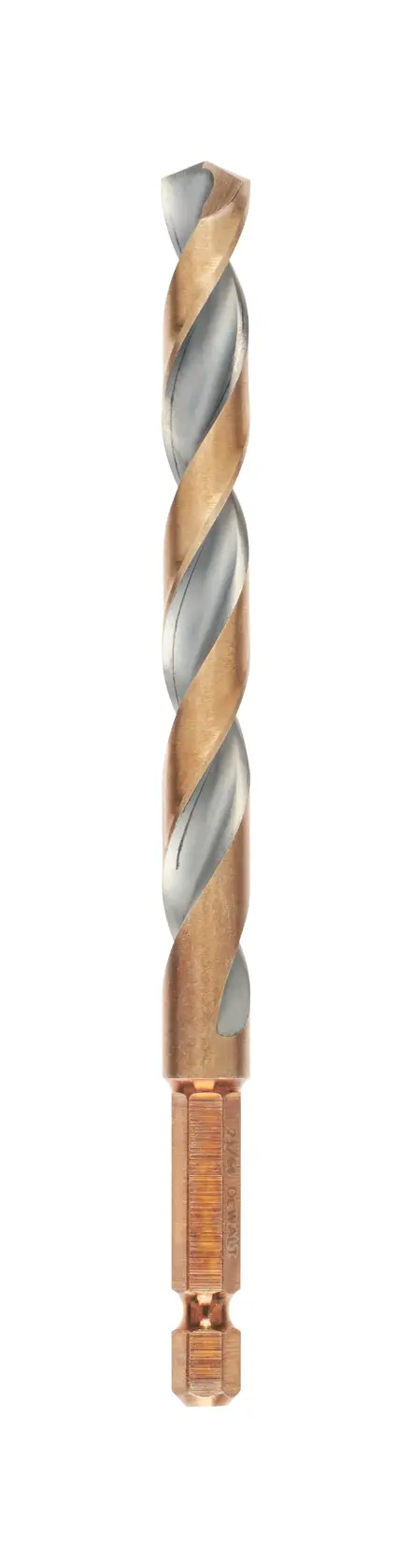 Single metal drill bit with spiral flutes and hex shank for power tools on a white background.