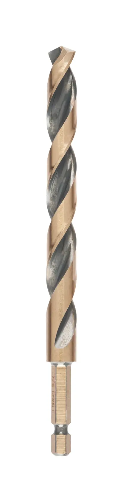 Metal drill bit with hex shank, gold and silver finish, DEWALT DT20617, shown upright on white background.