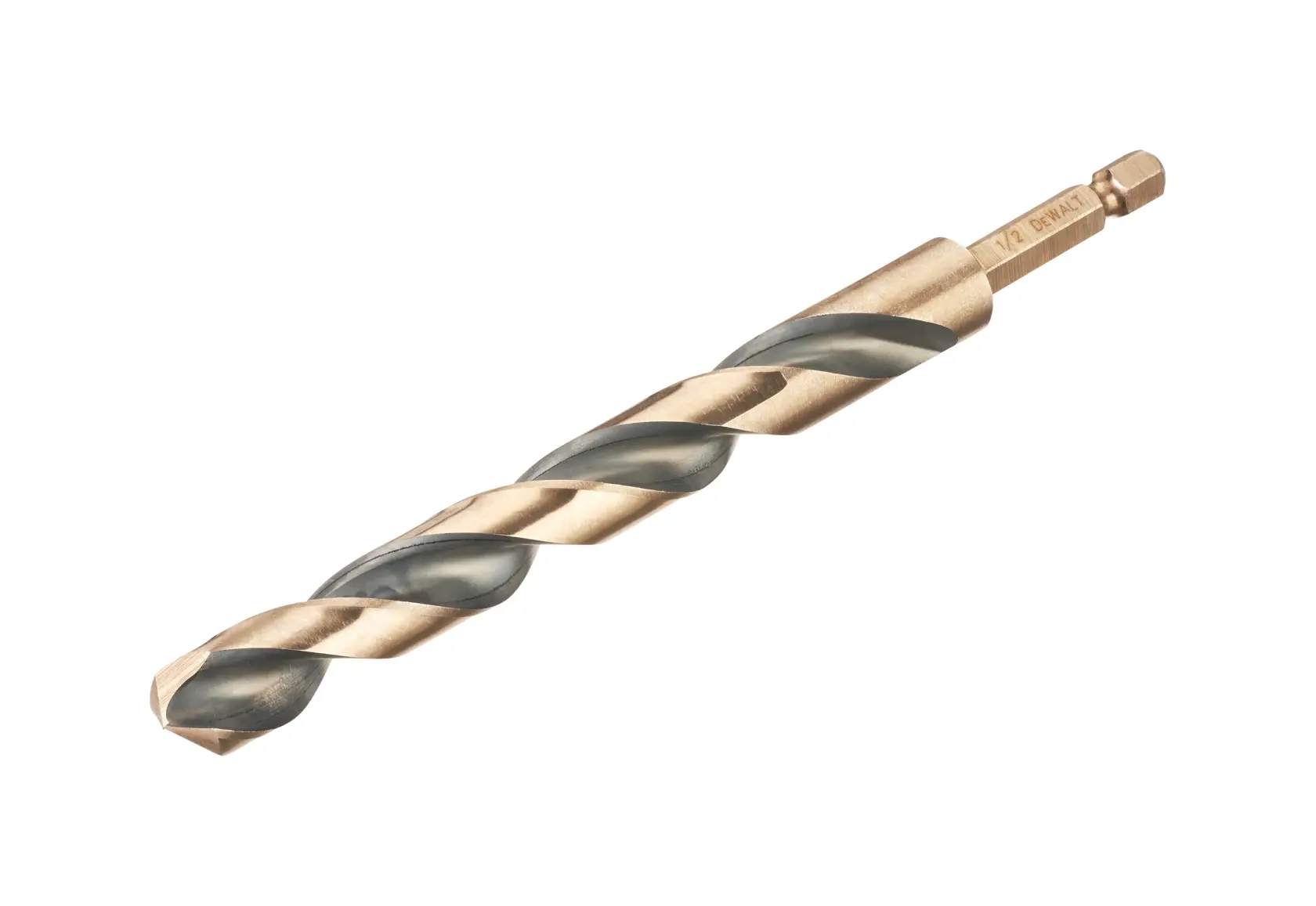 A DEWALT DT20618 drill bit with a hex shank and spiral flutes, designed for efficient drilling in various materials.