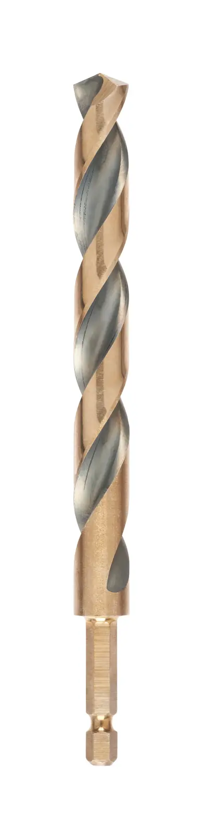 Single DEWALT DT20618 metal drill bit with hex shank on white background.