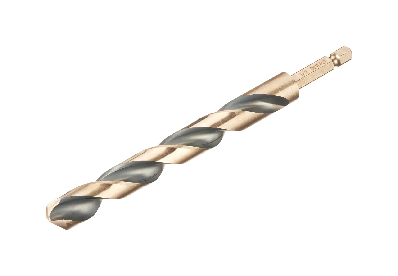 A DEWALT hex shank twist drill bit for use with power drills, shown on a white background.