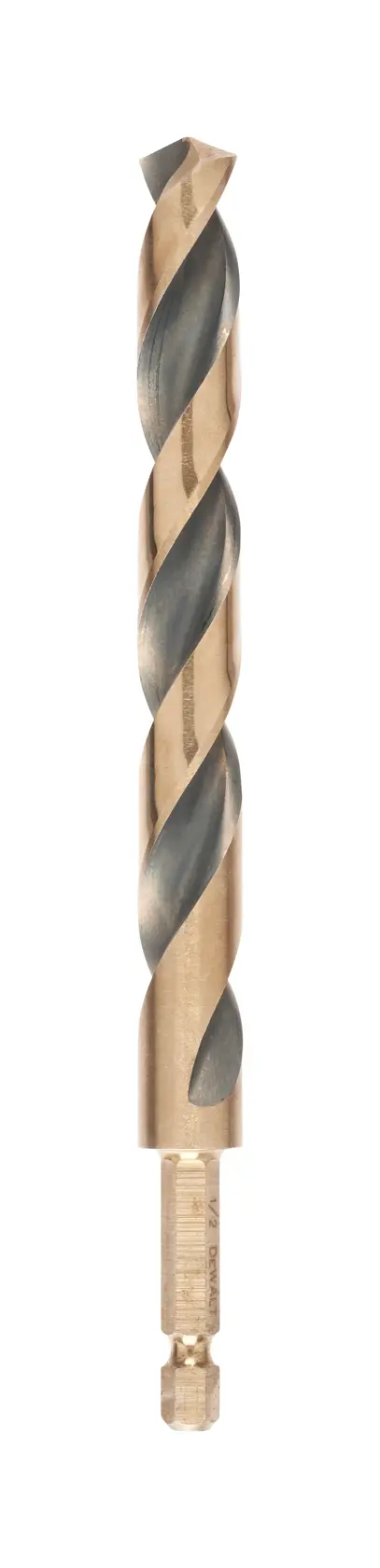 A single DEWALT metal drill bit with a hex shank, shown upright against a white background.