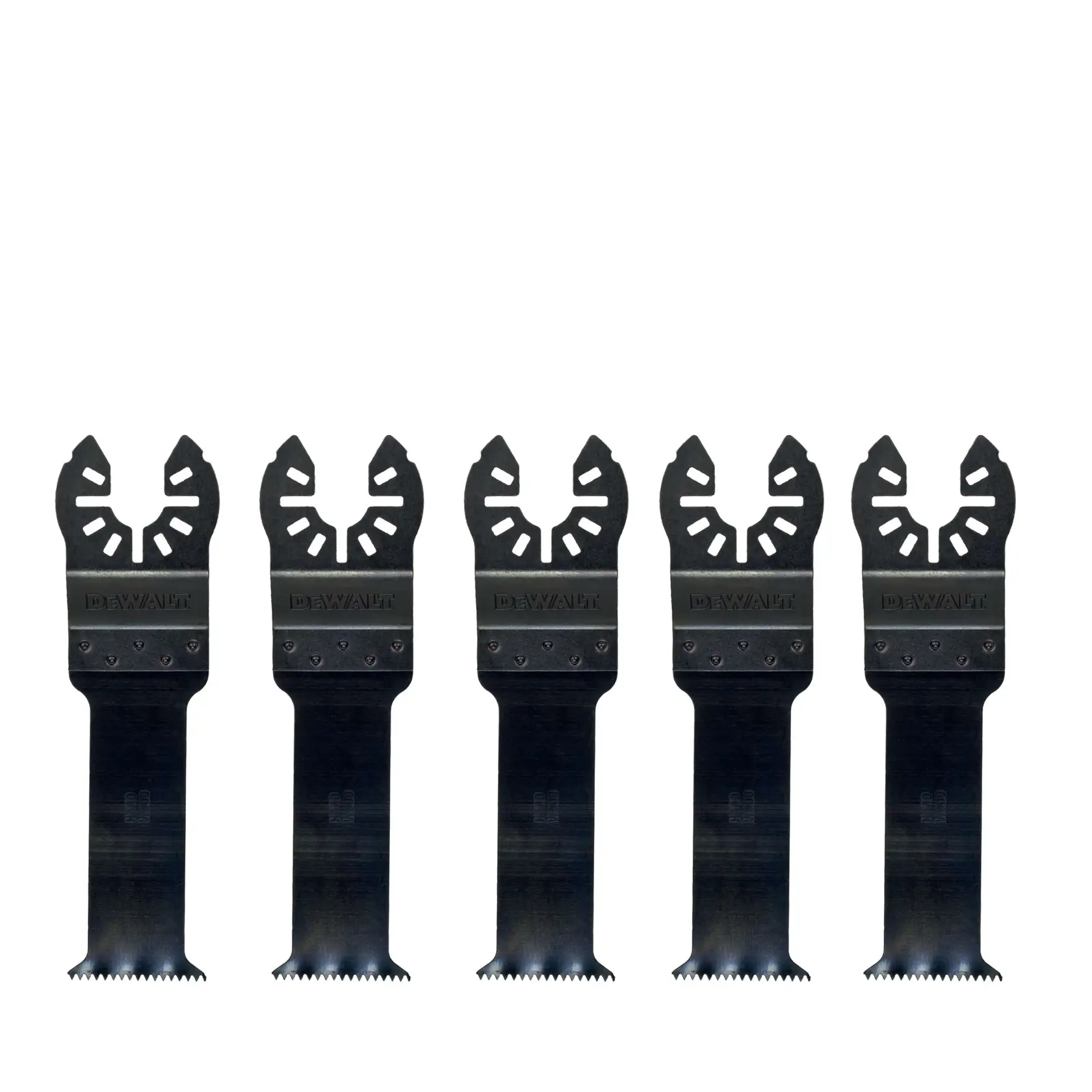 Fünf schwarze DEWALT DT20724 Multitool-Sägeblätter stehen nebeneinander mit gezahnter Kante.