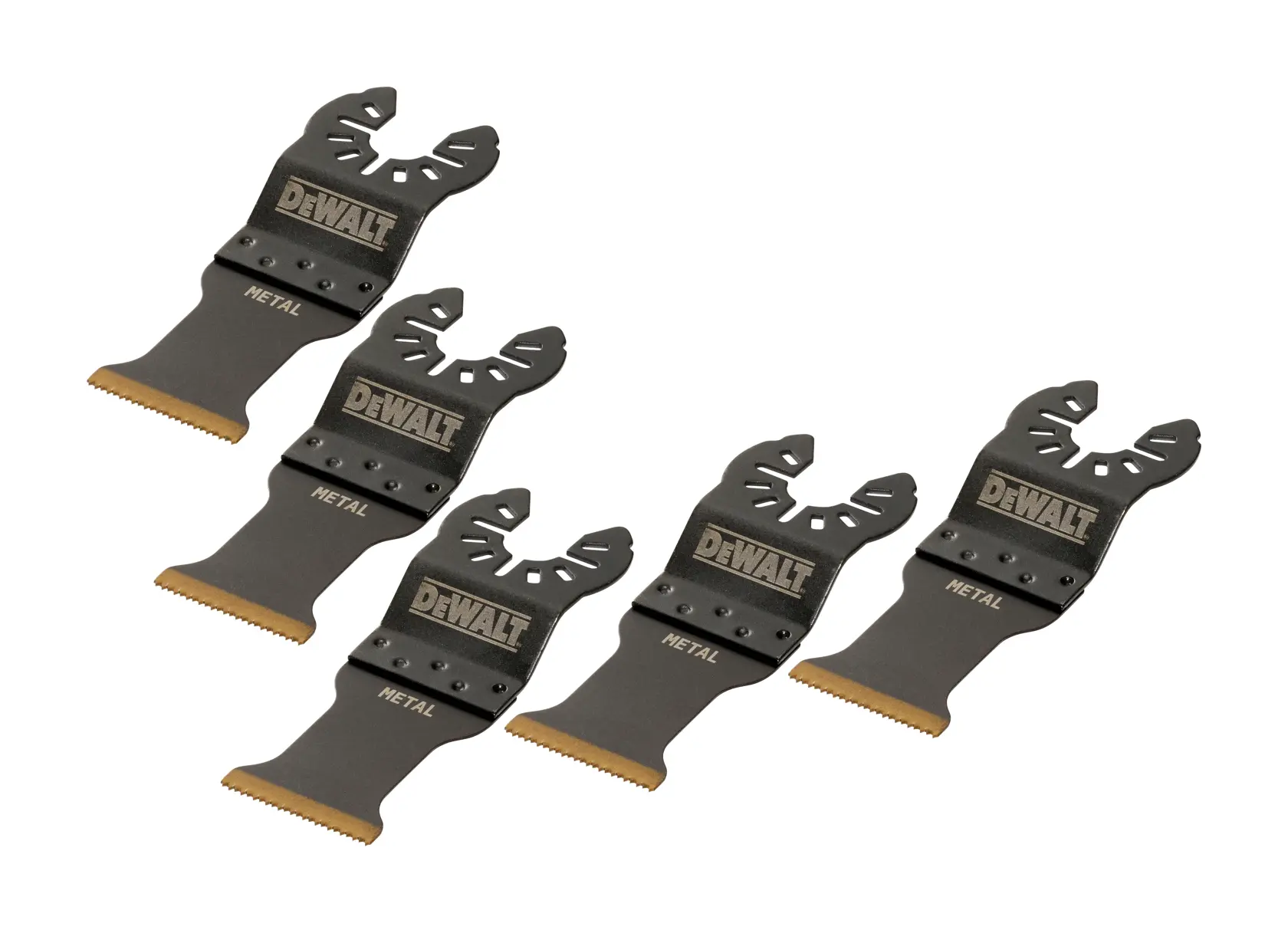 Vier DEWALT DT20727 Metall-Sägeblätter für Multitools, diagonal auf weißem Hintergrund angeordnet.