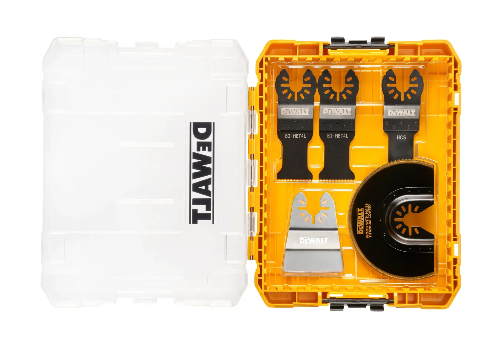 Juego de hojas DEWALT en caja amarilla con tapa transparente, varias hojas organizadas en el interior.