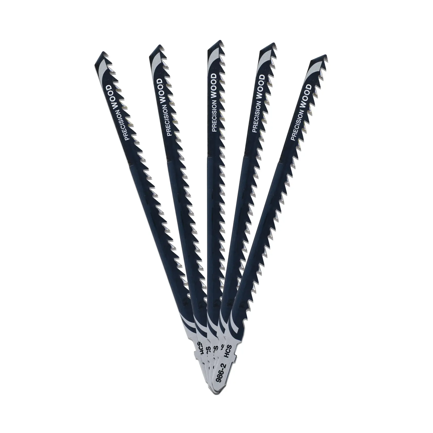 Photo of five DEWALT DT2076 jigsaw blades for wood, fanned out, black with white text, on white background.