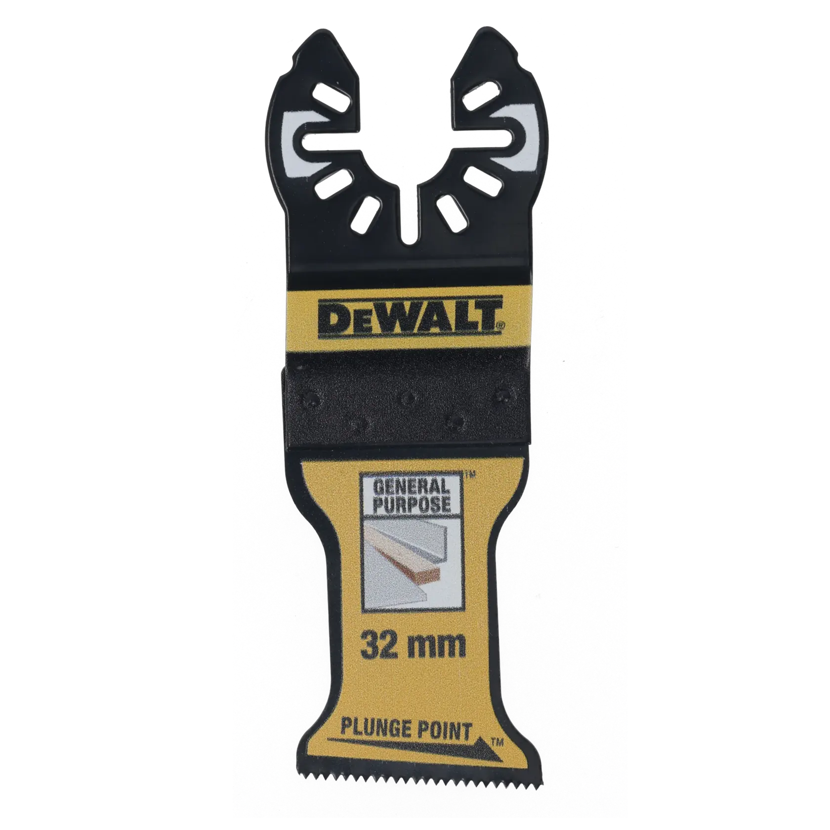 Hoja de sierra DEWALT 32mm plunge point uso general. Herramienta negra y amarilla con borde dentado.