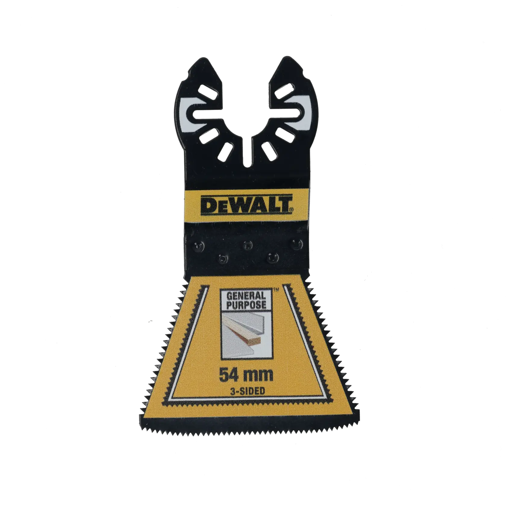 Hoja DEWALT de 54 mm, tres lados, para multiherramienta, negra y amarilla.