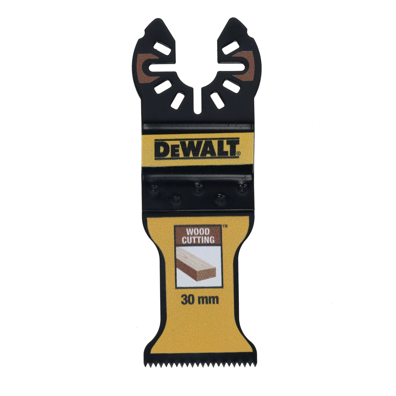 Hoja DEWALT para cortar madera, 30 mm, negra y amarilla con etiqueta para madera.