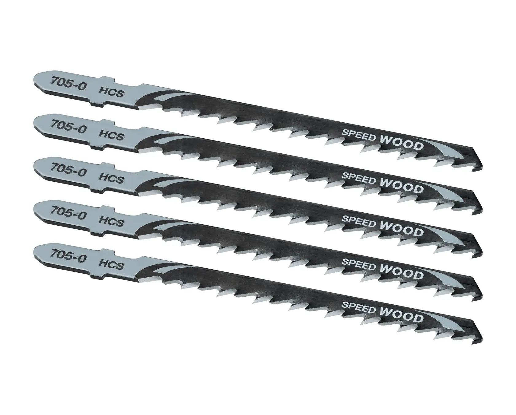 Photo of DEWALT jigsaw blades for wood, 5-pack, SKUs DT2077, DT2077-QZ on white background.