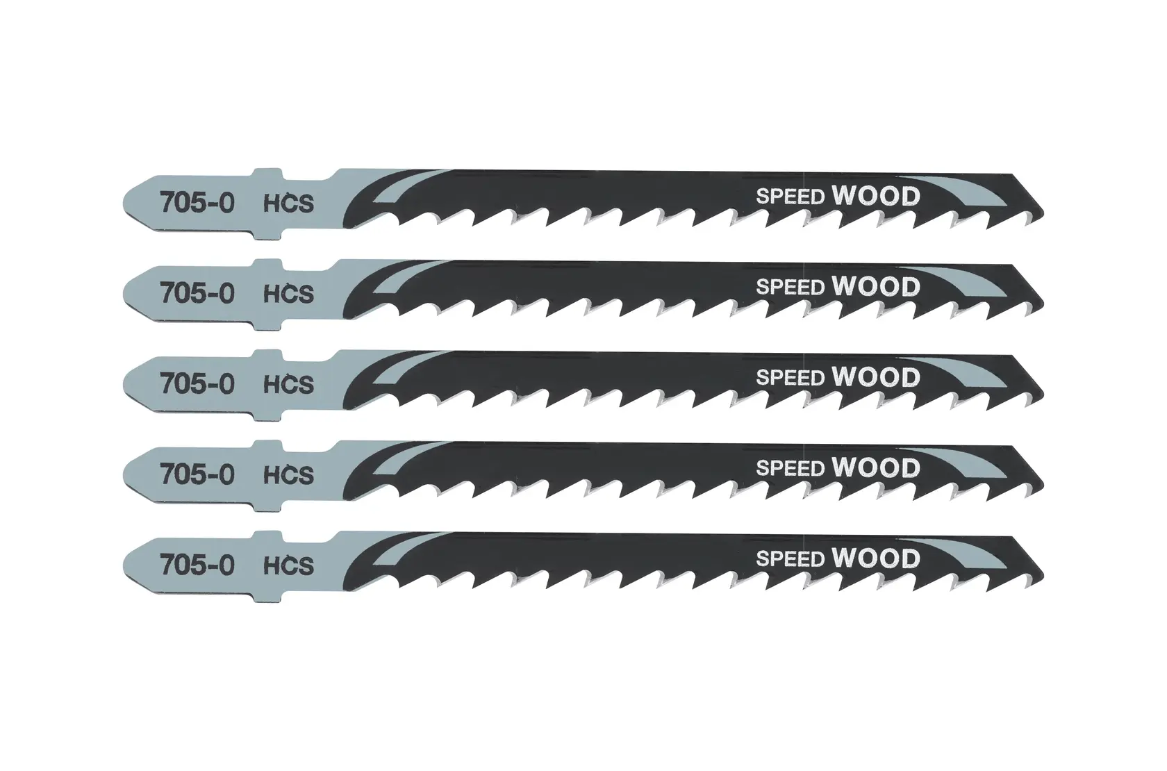 Photo of DEWALT jigsaw blades, SKUs DT2077, DT2077-QZ, black and silver, wood cutting, set of five, flat lay.