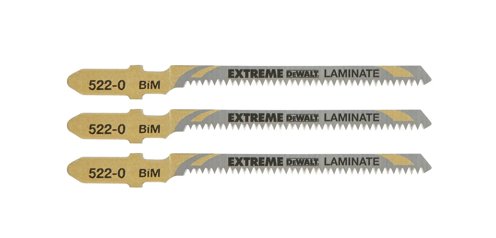 Photo of three DEWALT DT2081 laminate jigsaw blades, BiM material, gold and silver, side view on white.