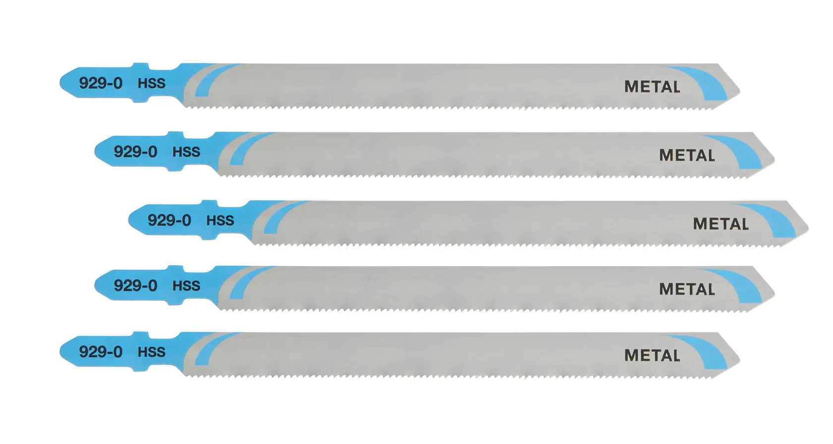 Photo of DEWALT DT2085 metal jigsaw blades, 5-pack, gray with blue tips, side angle, product photography.