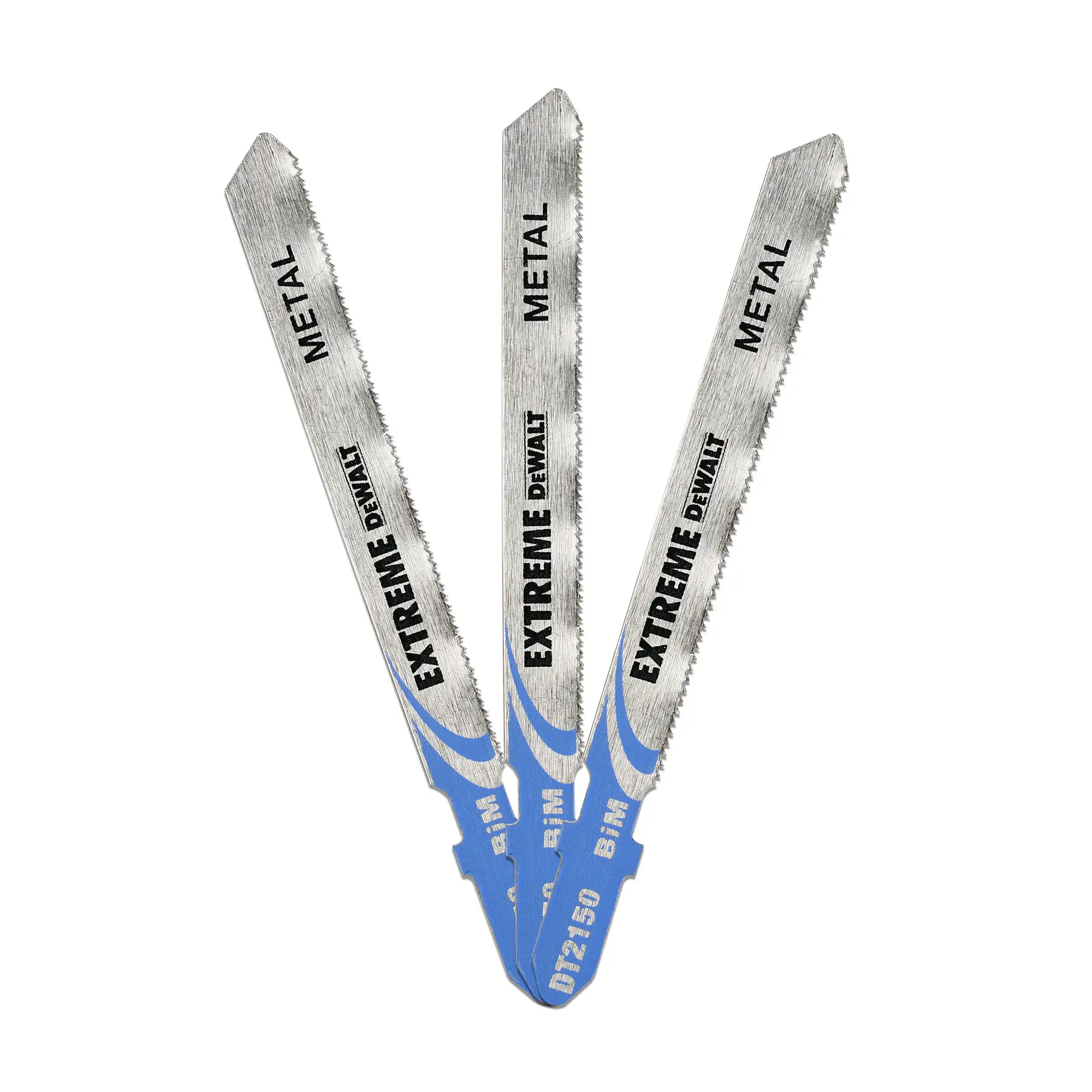Photo of DEWALT DT2150 metal jigsaw blades, three silver blades with blue bases, front angle.