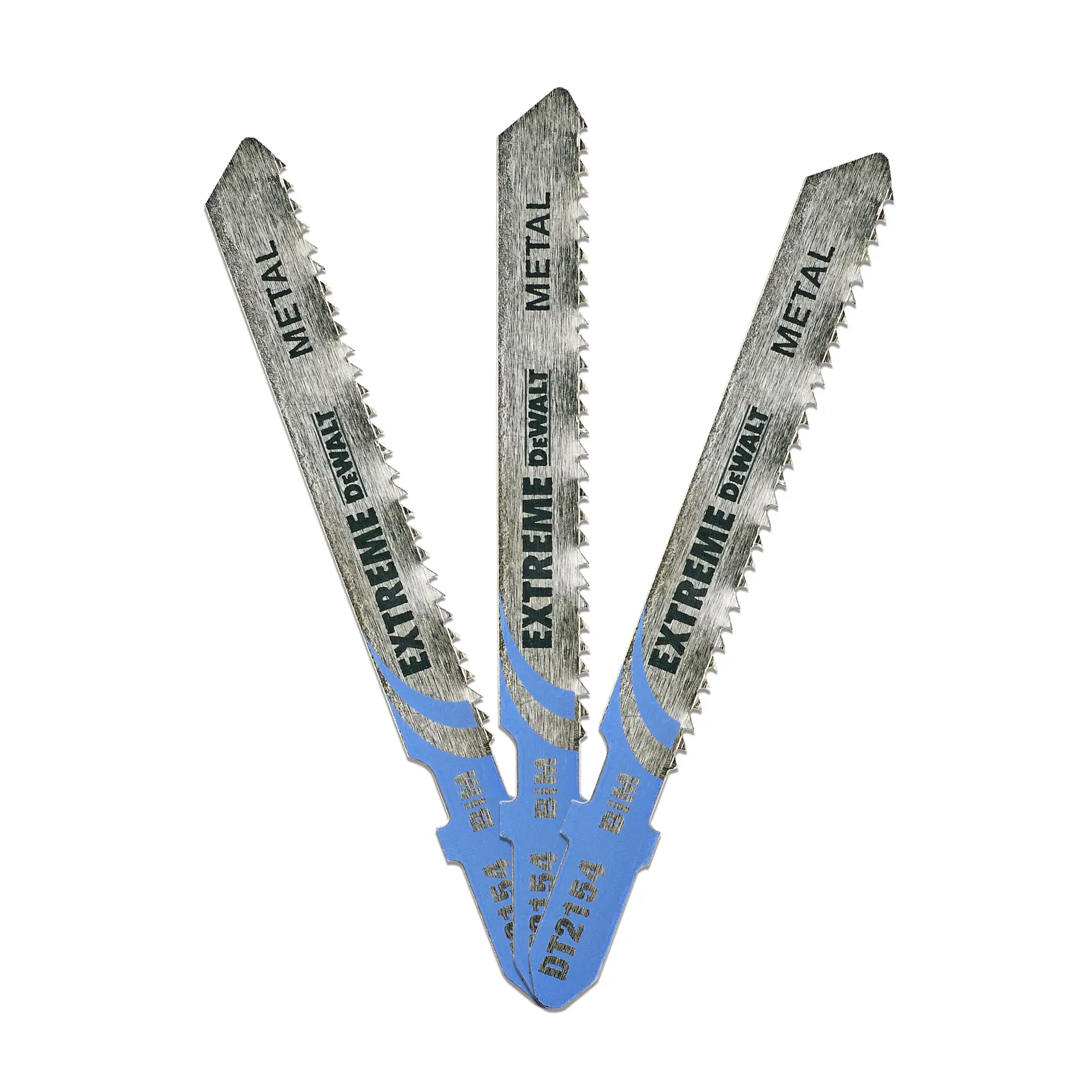 Photo of three DEWALT DT2154 metal jigsaw blades with blue base, shown front view on white background.