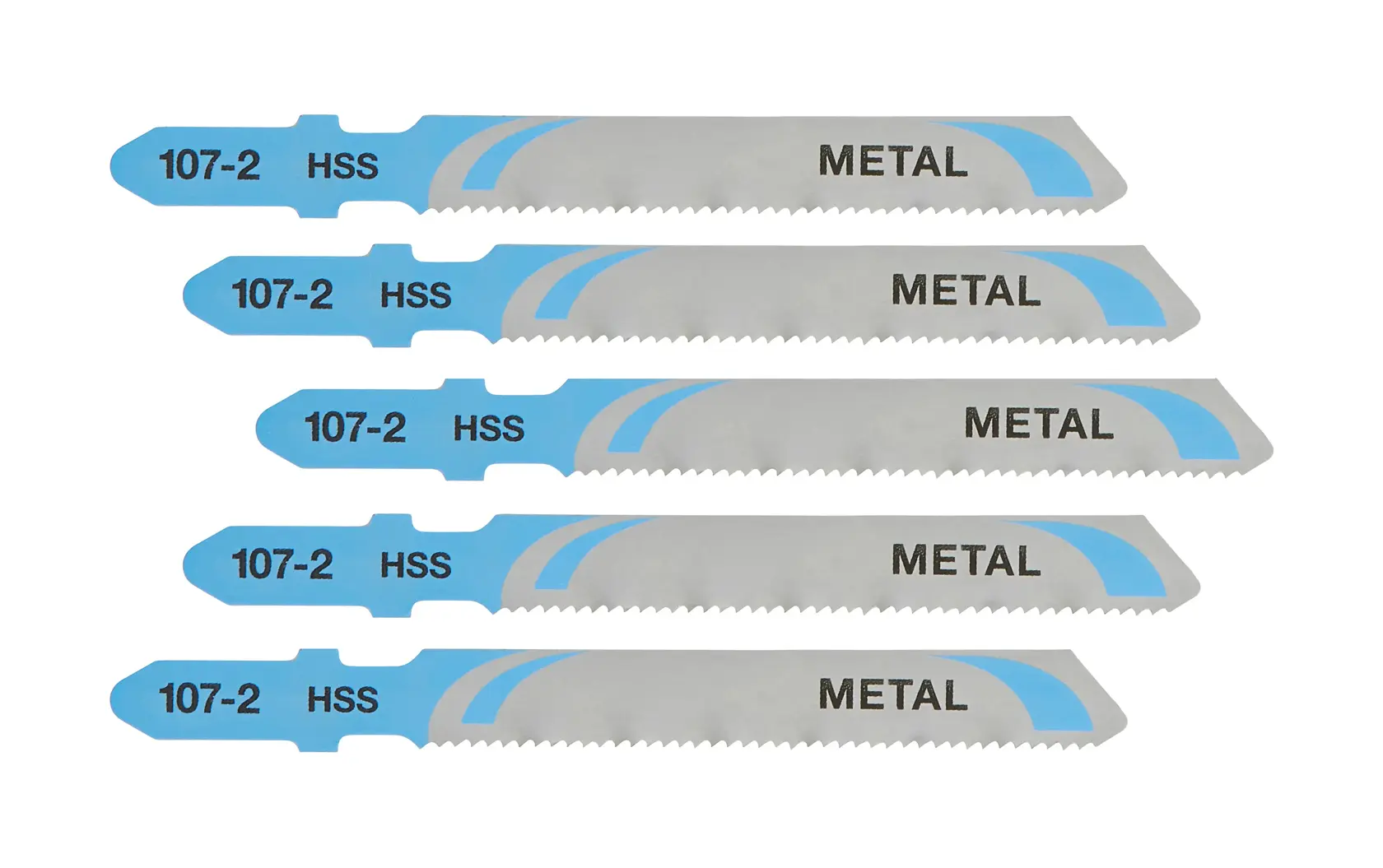 Photo of DEWALT DT2160 metal jigsaw blades, 5-pack, straight view, blue and silver design.