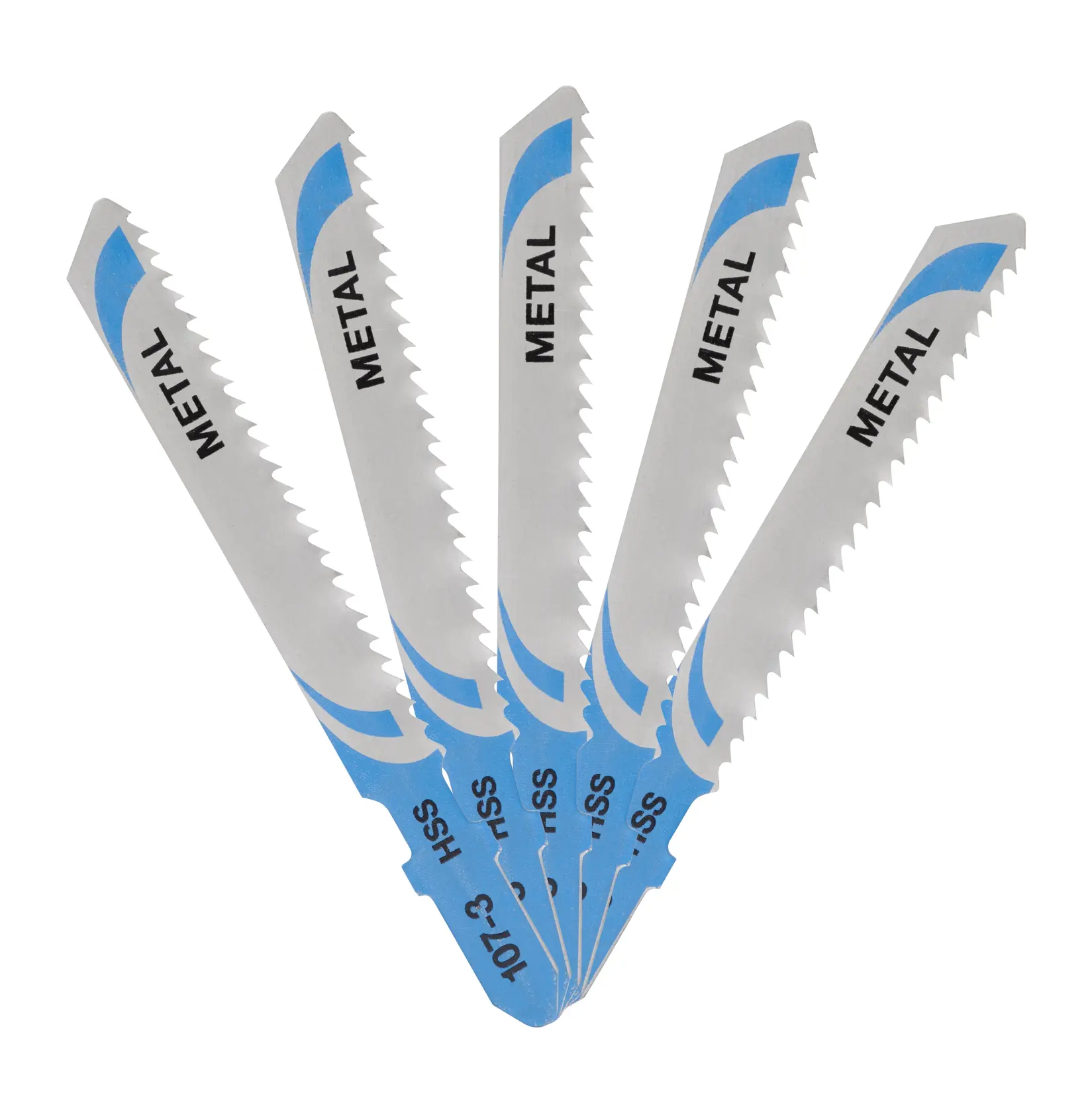 DEWALT metal jigsaw blades, blue/silver, angled, SKUs DT2161, DT2161-QZ, photography product.