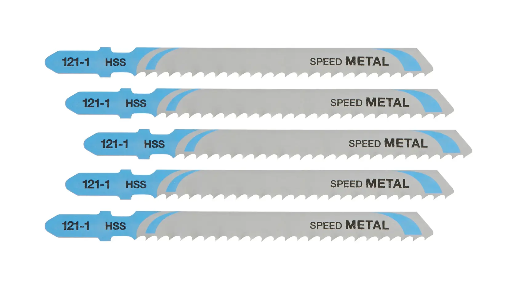 Photo of DEWALT DT2163 jigsaw blades, silver with blue detail, HSS, set of 5, on white background.