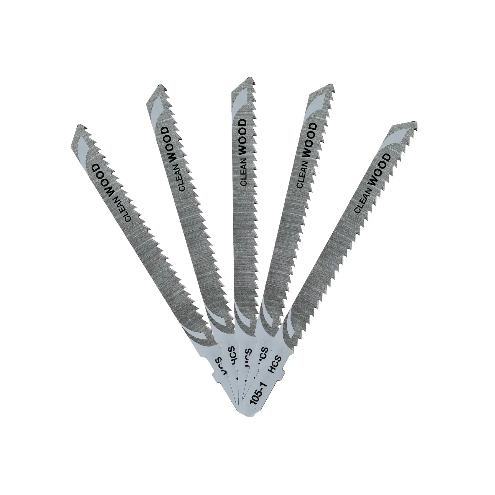 Photo of DEWALT DT2165 clean wood jigsaw blades, silver color, set of five, front angle on white background.