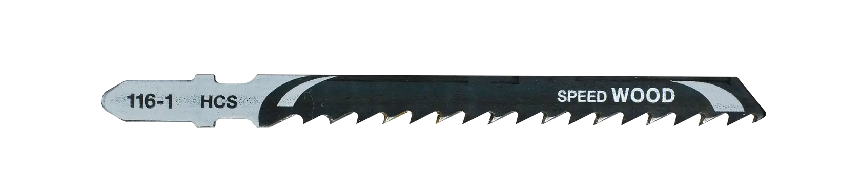 Photo of DEWALT DT2166 wood cutting jigsaw blade, silver and black, side view on white background.