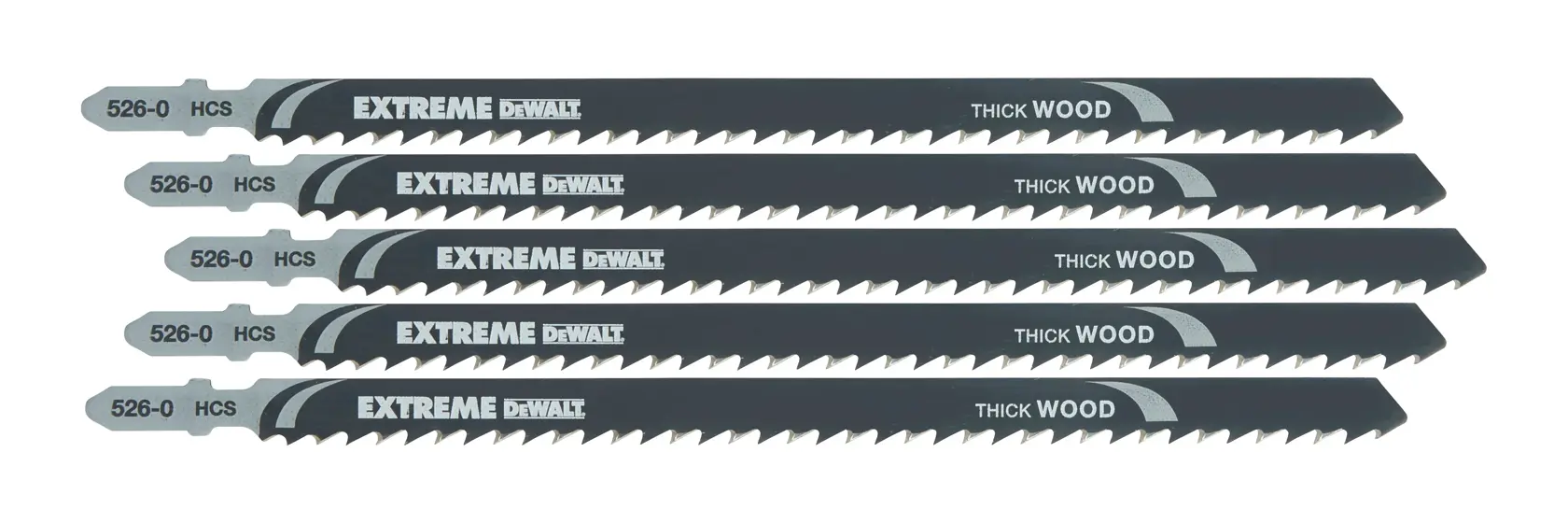 Set of five DEWALT jigsaw blades for thick wood, black with sharp teeth, model DT2167.