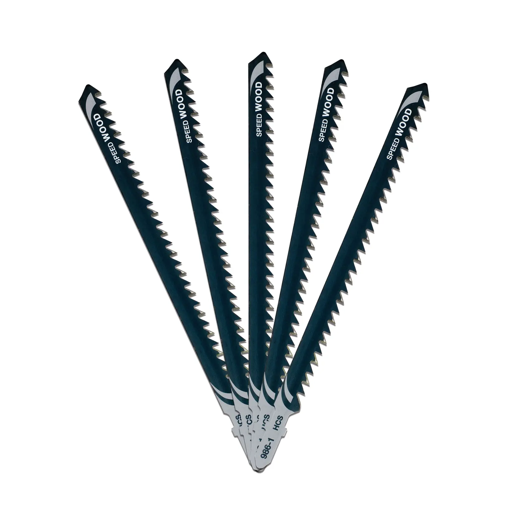 Photo of DEWALT DT2169 jigsaw blades for wood, 5-piece set, fan arrangement, white background.