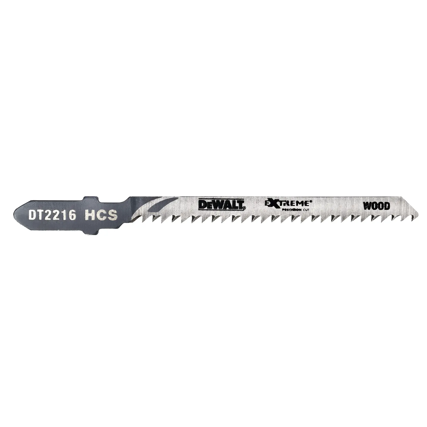 DEWALT DT2216 HCS jigsaw blade for wood, silver with black text, precision cut teeth.