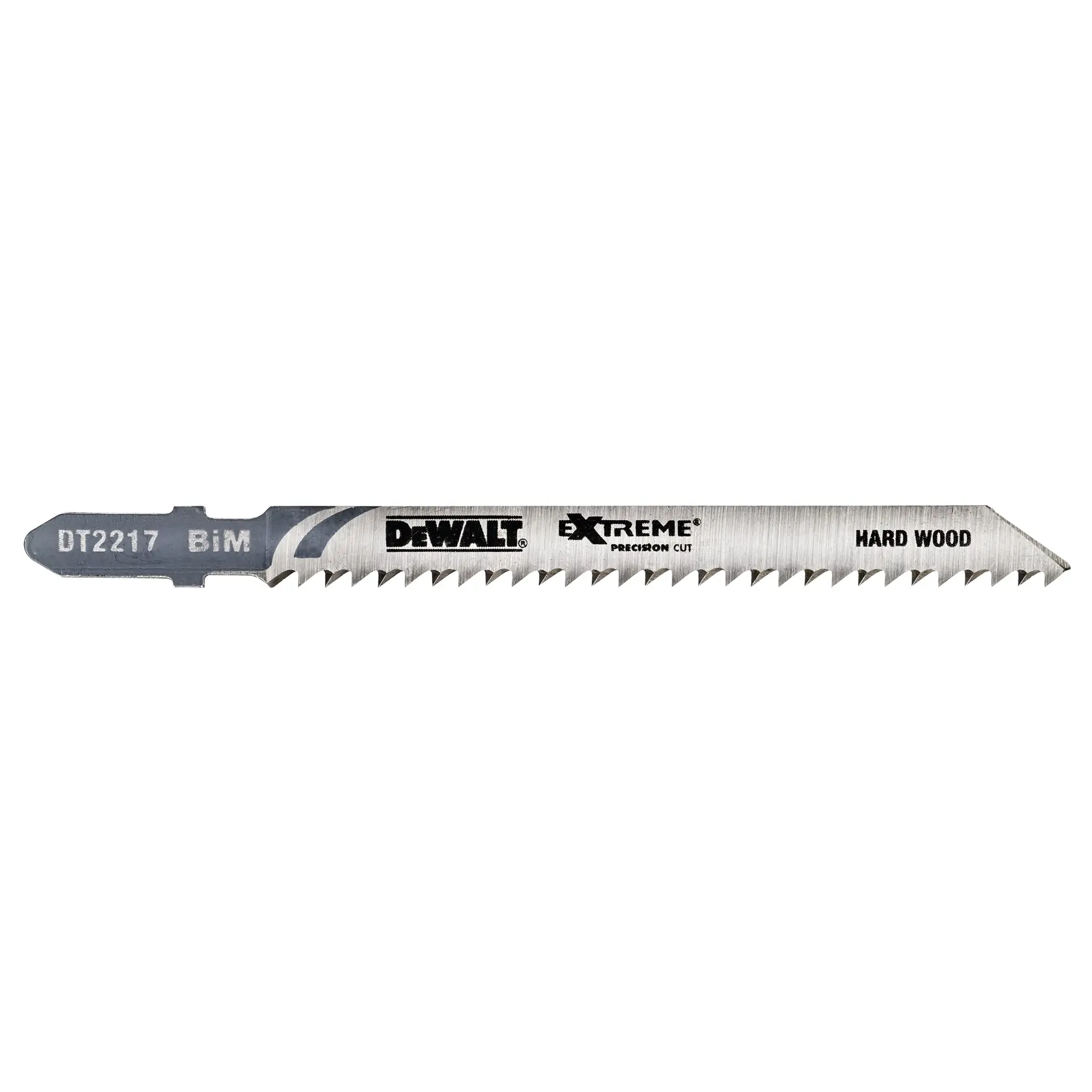 DEWALT DT2217 Extreme jigsaw blade for hard wood, silver color, labeled for precision cutting.