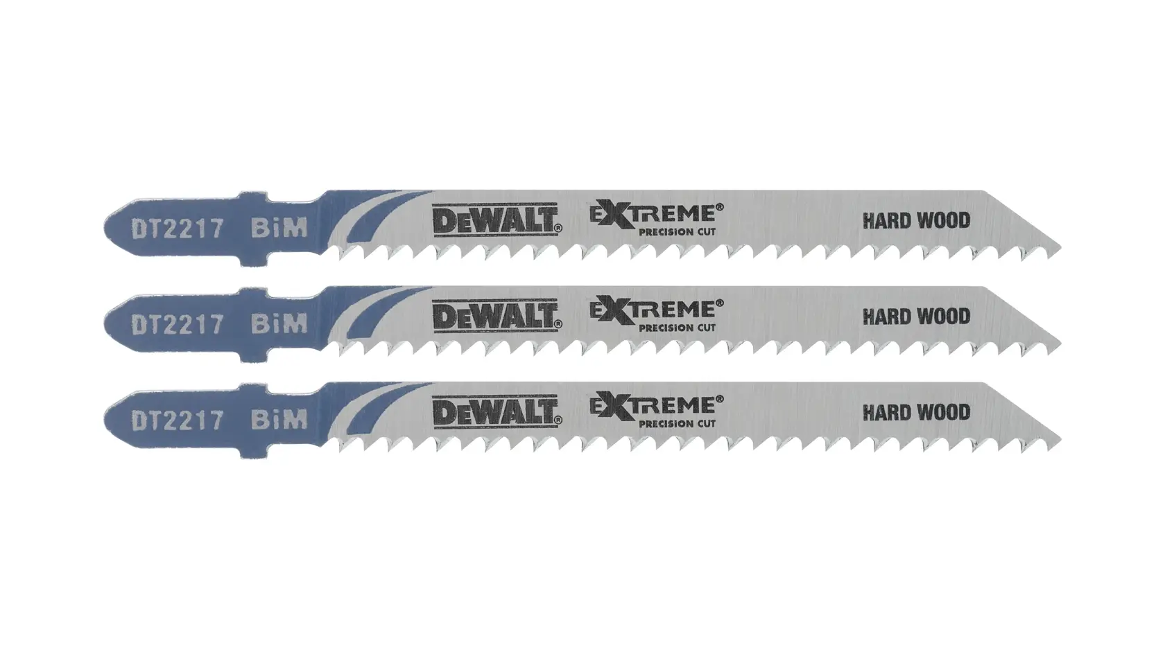 Three DEWALT DT2217 jigsaw blades for hard wood, featuring precision-cut teeth and BiM marking.