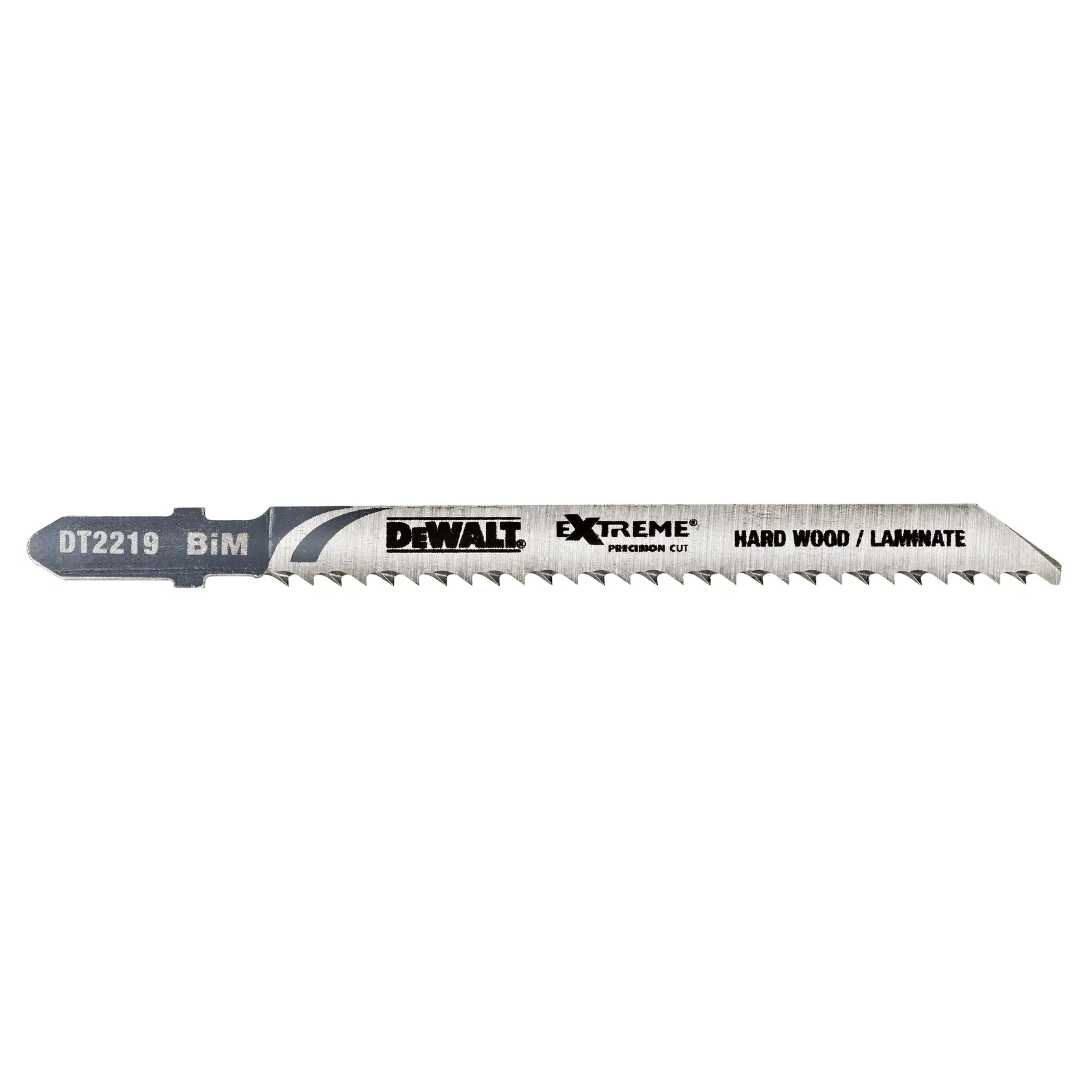 Photo of DEWALT jigsaw blade for hard wood, laminate, SKU DT2219, silver with black text, side angle, white background.