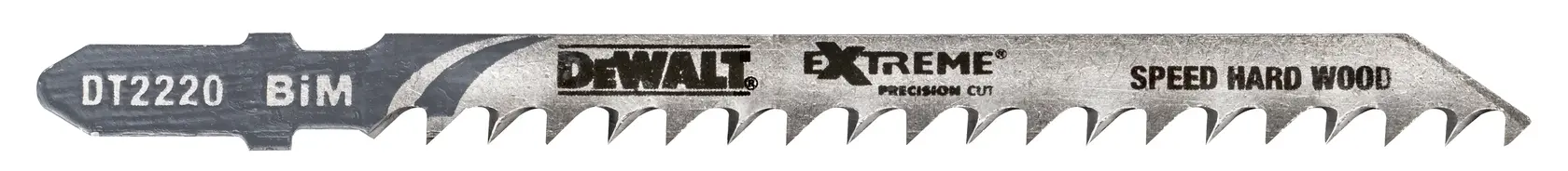 Photo of DEWALT jigsaw blade DT2220, silver with sharp teeth for hard wood, product on white background.
