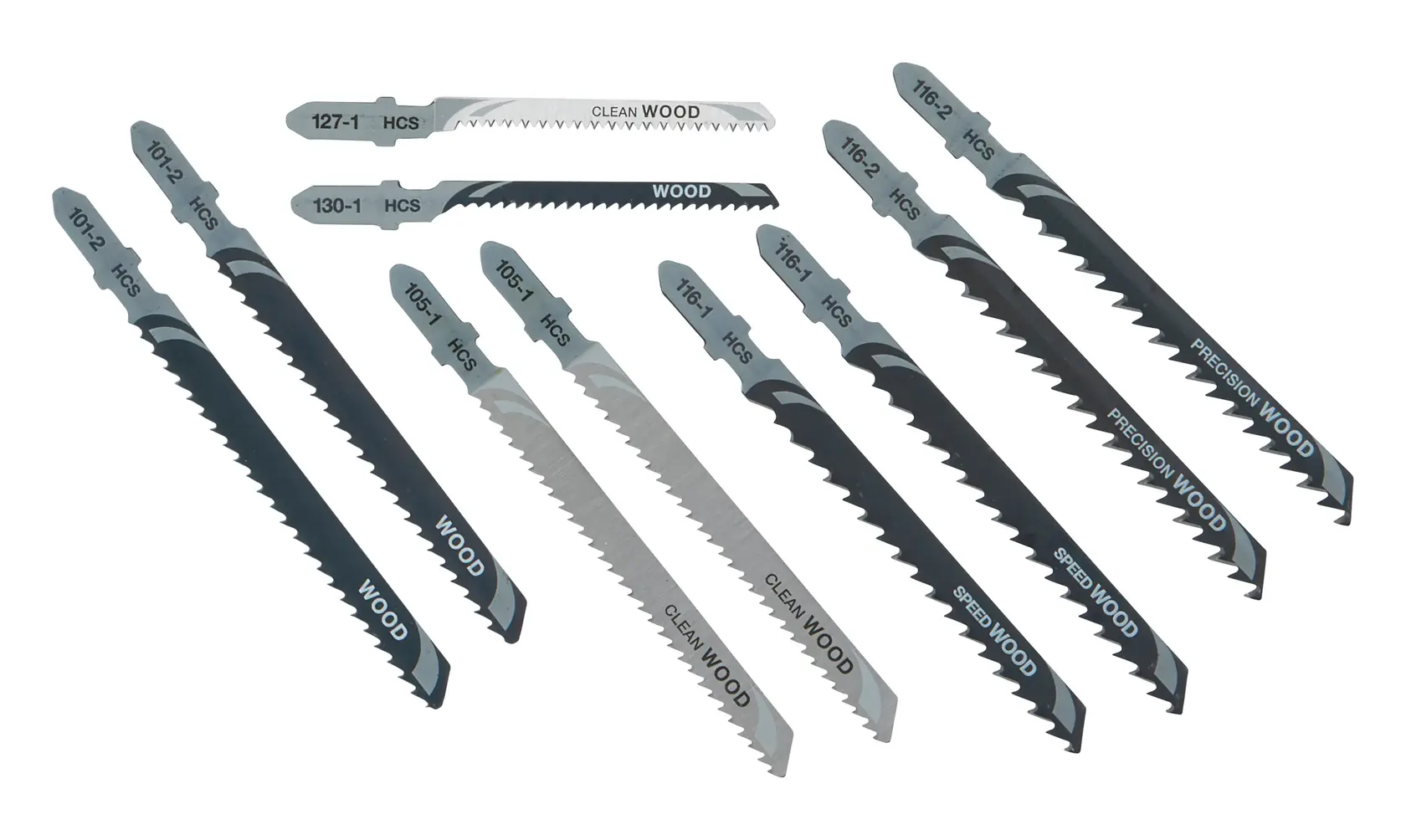 Photo of DEWALT jigsaw blade set for wood, SKUs DT2290-QZ, DT2290, ten assorted blades, white background.