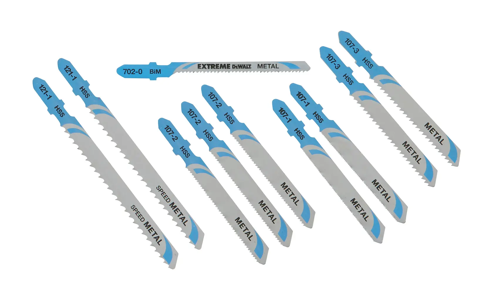 Photo of DEWALT metal jigsaw blades, silver with blue tips, SKUs DT2292-QZ, DT2292, flat lay, white background.
