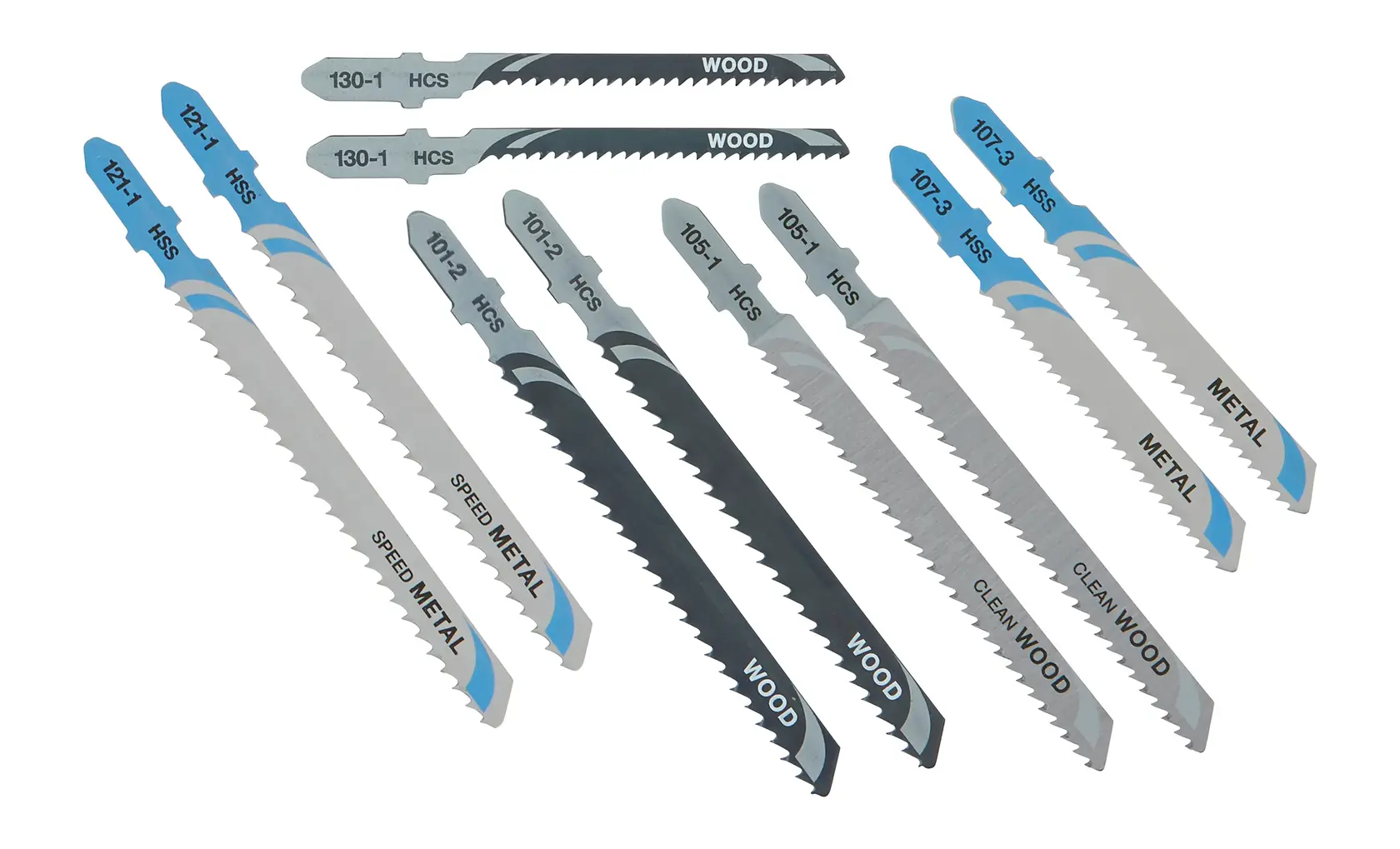 Photo of DEWALT jigsaw blades set, for wood and metal. SKUs DT2294, DT2294-QZ. White background, front angle.