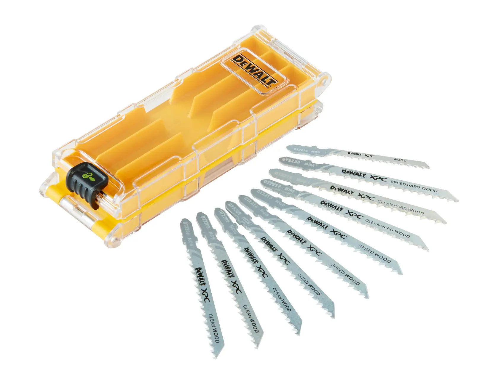 Photo of DEWALT jigsaw blade set with yellow case, SKUs DT2296, DT2296-QZ, angled on white background.
