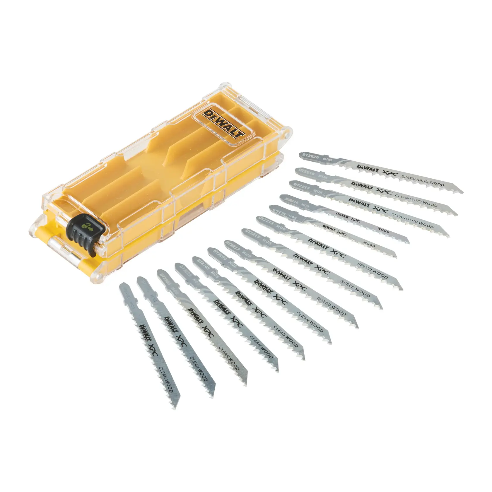 DEWALT jigsaw blades set with yellow case, SKUs DT2298-QZ, DT2298, arranged on white background, photography.