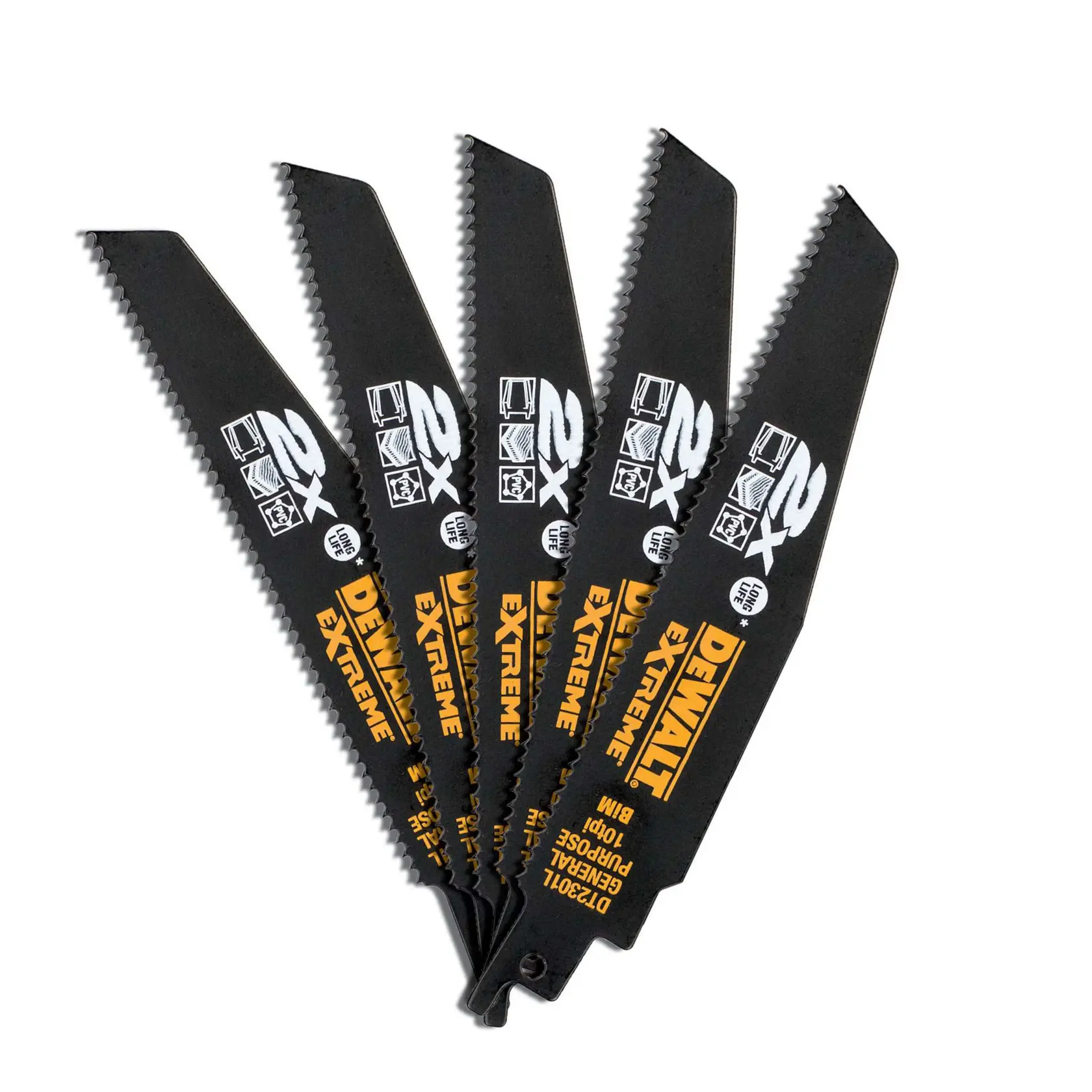 Set of five DEWALT DT2301L EXTREME reciprocating saw blades, black with yellow branding, fanned out.