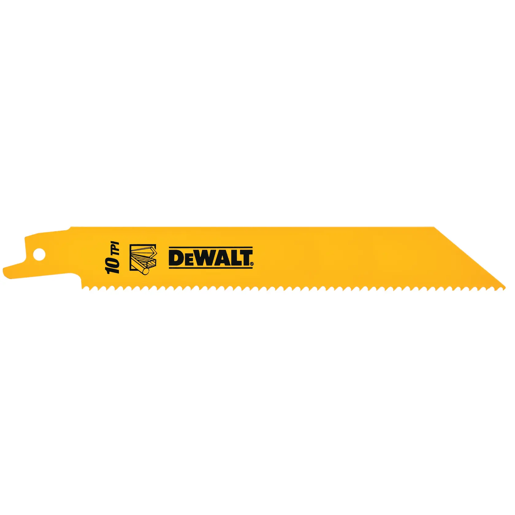 Yellow DEWALT saw blade with serrated edge, labeled 10 TPI, designed for cutting and tool use.