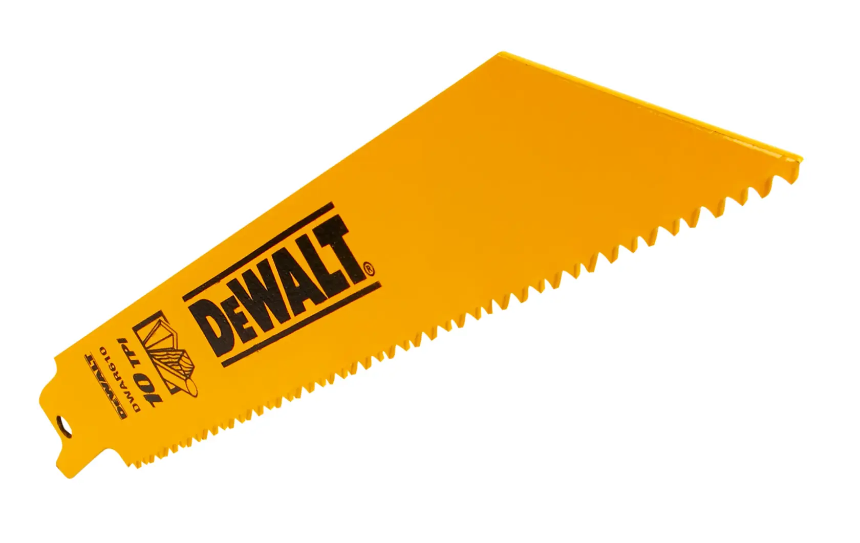 Yellow DEWALT saw blade with jagged edge, model DT2345, shown on white background.