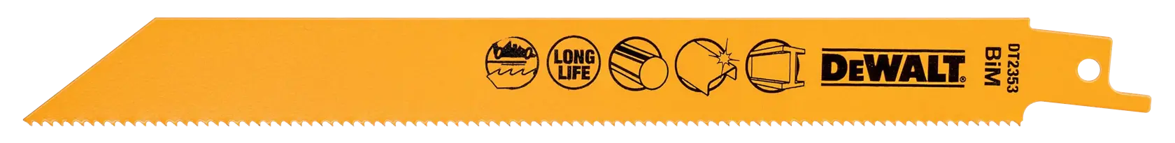 A DEWALT DT2353 reciprocating saw blade with a yellow body, serrated edge, and product markings printed on the blade.