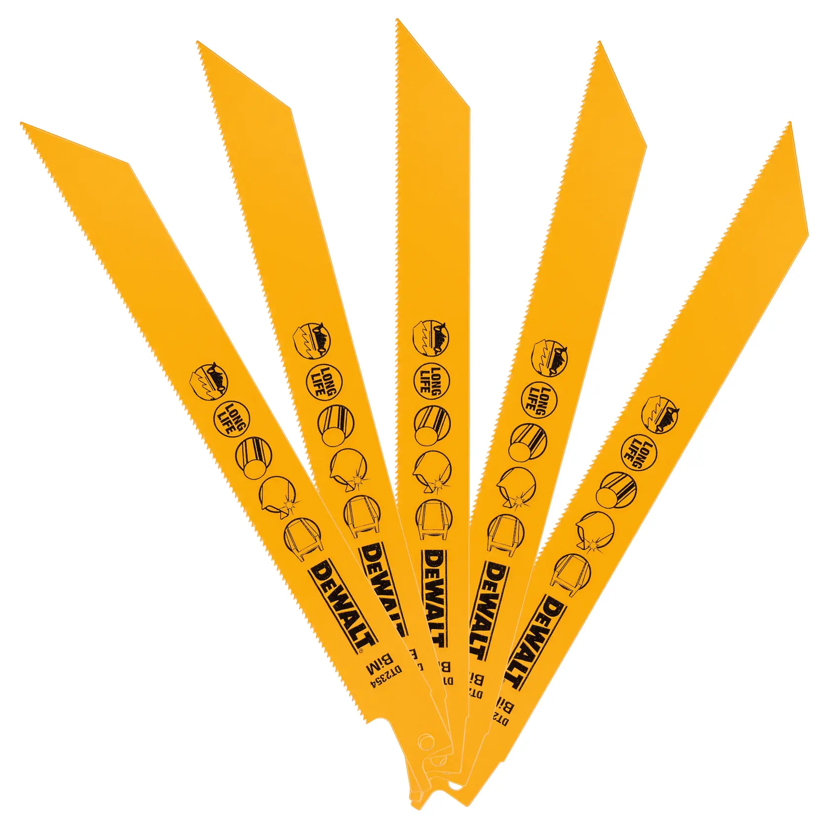 Five yellow DEWALT reciprocating saw blades fanned out, each with icons and text printed on them.