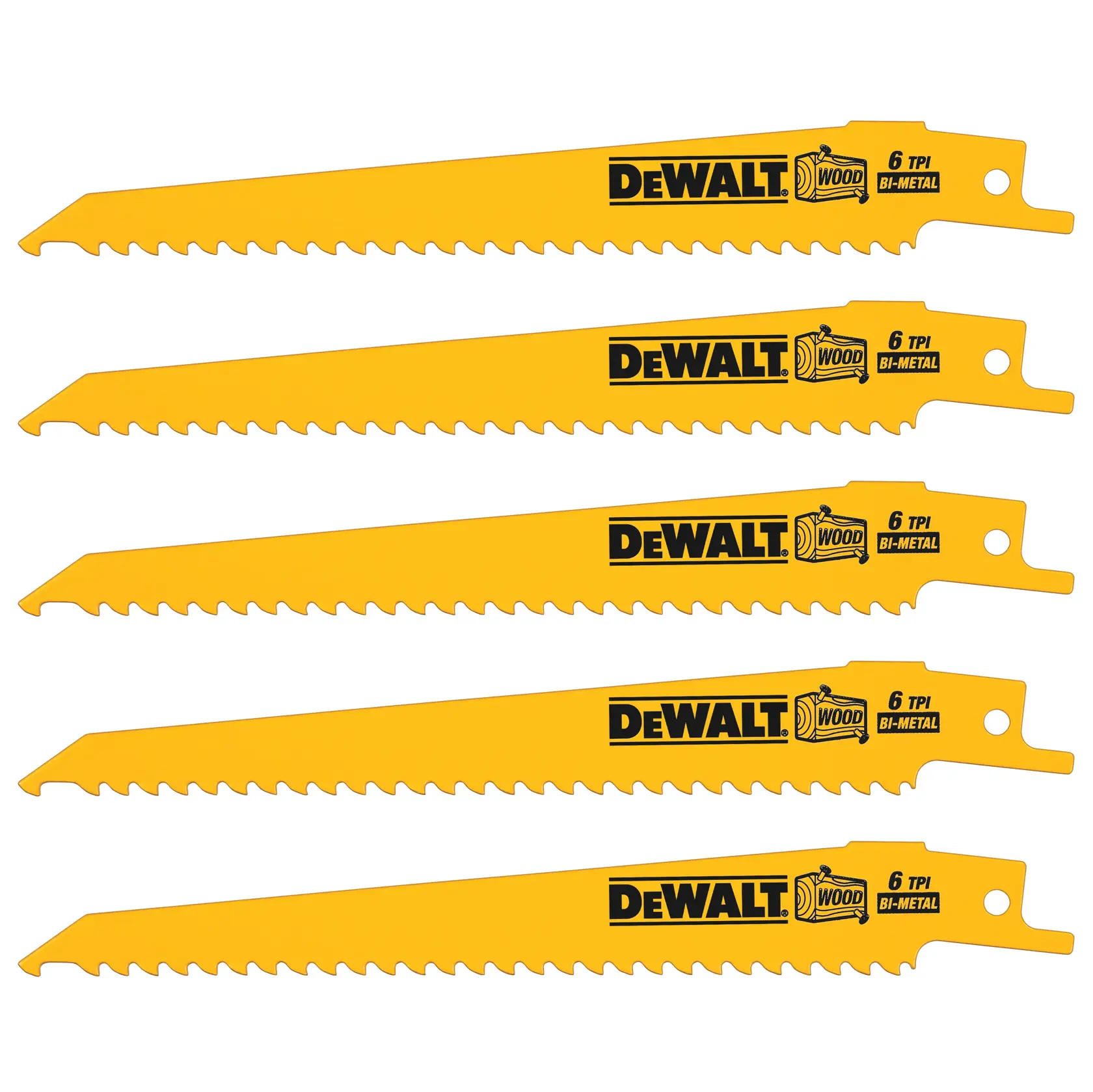 Five yellow DEWALT bi-metal reciprocating saw blades for wood, each labeled 6 TPI.