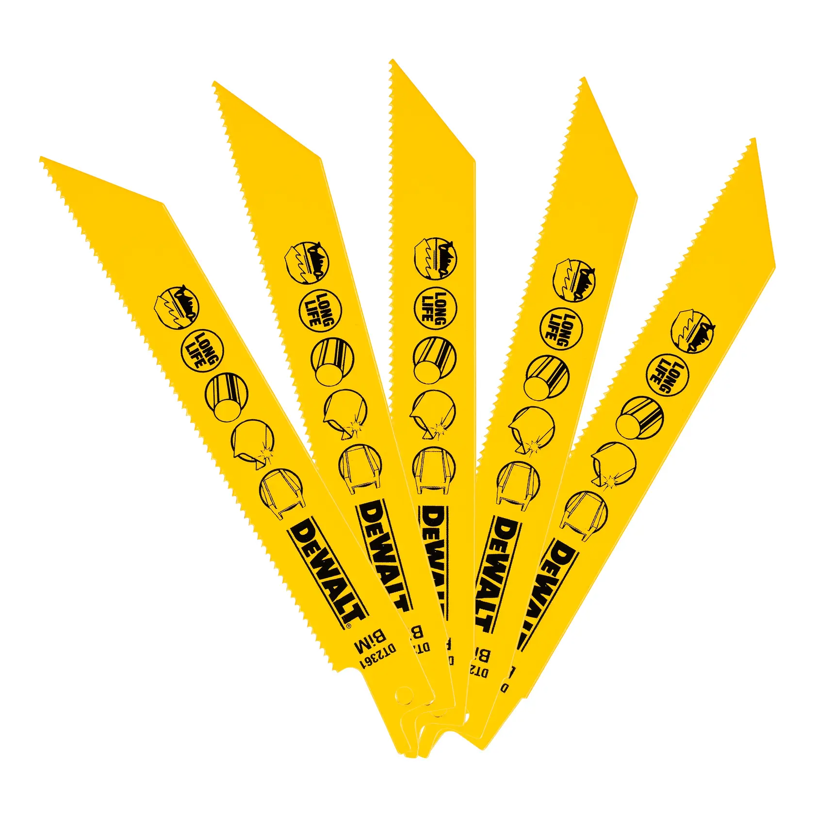 Photo of DEWALT DT2361-QZ, DT2361 yellow saw blades, 5-pack, fan arrangement, black icons, white background.