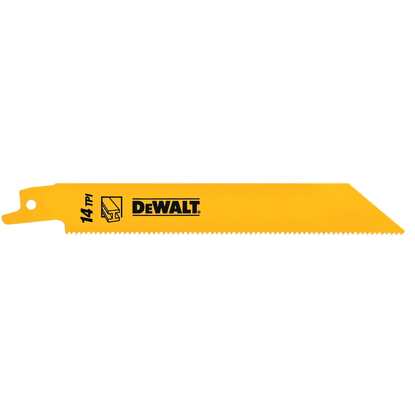 Photo of DEWALT saw blade, yellow, 14 TPI, SKUs DT2361-QZ, DT2361, side view, product category Photography.