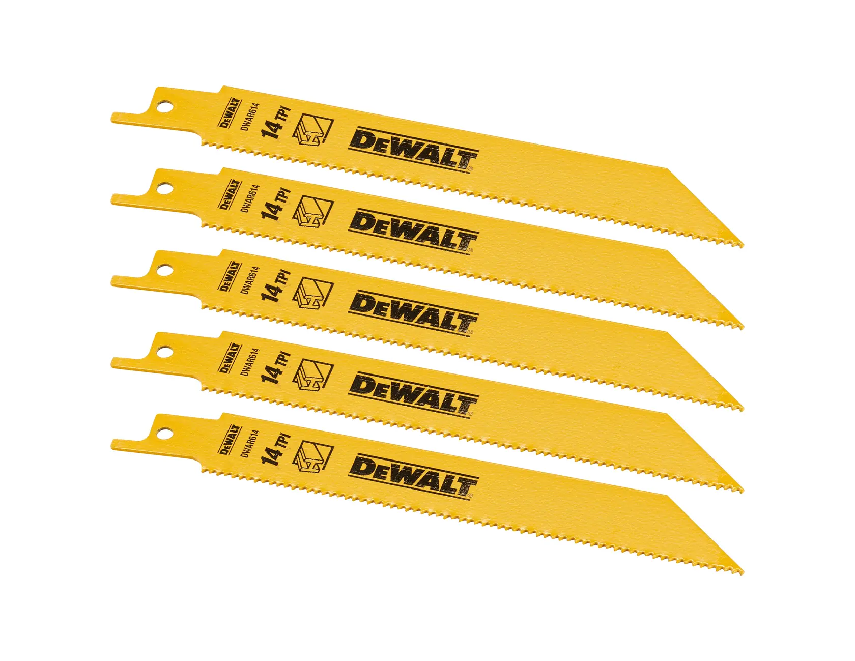 DEWALT yellow saw blade set, 5 pieces, labeled 14 TPI, SKUs DT2361-QZ, DT2361, front view, photography.